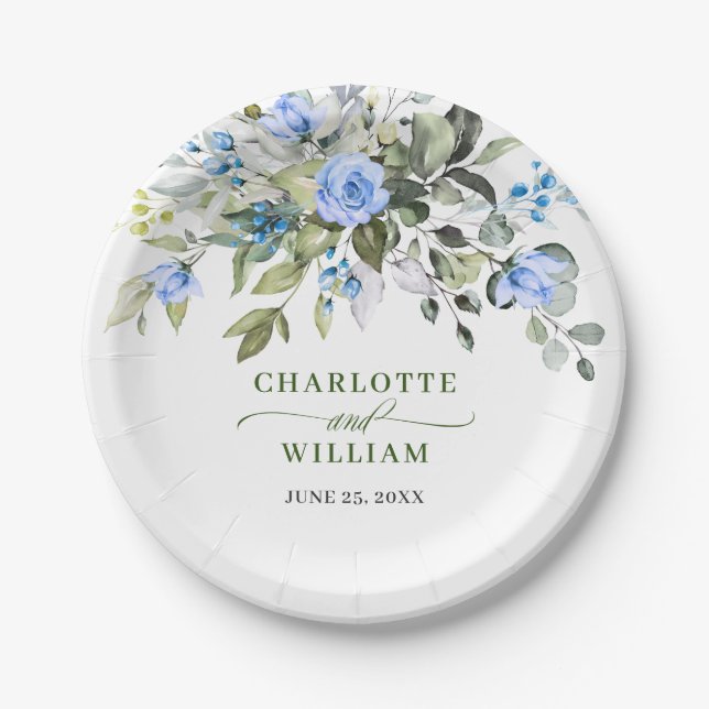 Elegant Eucalyptus Blue Roses Floral Wedding Paper Plate (Front)