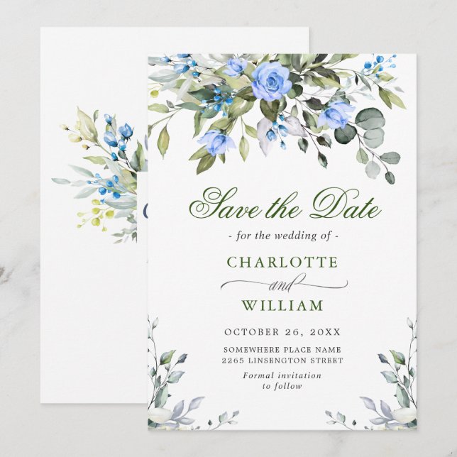 Elegant Eucalyptus Blue Roses Floral Wedding Save The Date (Front/Back)