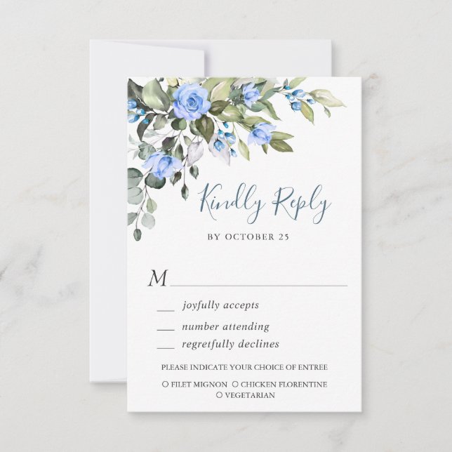 Elegant Eucalyptus Blue Roses Wedding Floral RSVP Card (Front)