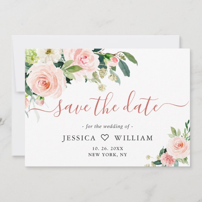 Elegant Eucalyptus Blush Pink Flowers Wedding Save The Date (Front)