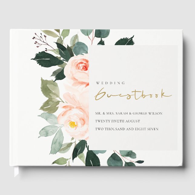 Elegant Eucalyptus Blush Rose Pink Wedding Guest Book (Front)
