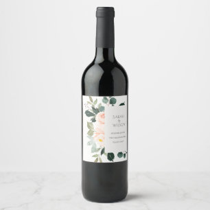Elegant Eucalyptus Blush Rose Pink Wedding Wine Label