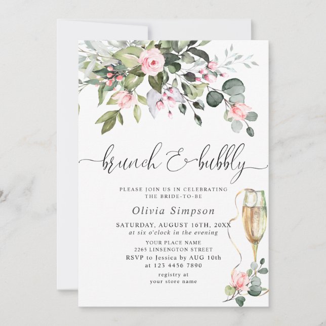 Elegant Eucalyptus Blush Roses Brunch & Bubbly Invitation (Front)