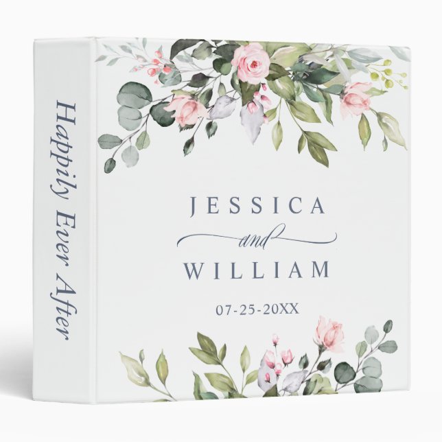 Elegant Eucalyptus Blush Roses Floral Wedding Binder (Front/Spine)