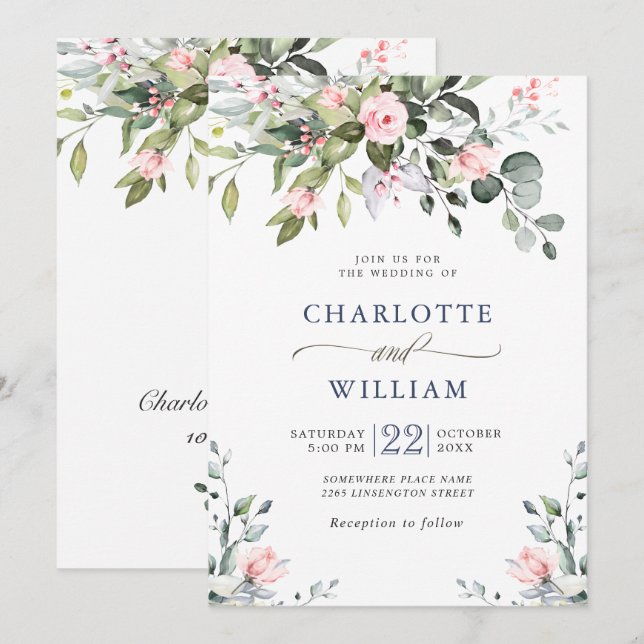 Elegant Eucalyptus Blush Roses Greenery Wedding Invitation (Front/Back)