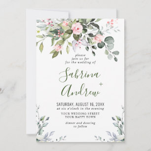 Elegant Eucalyptus Blush Roses Greenery Wedding Invitation