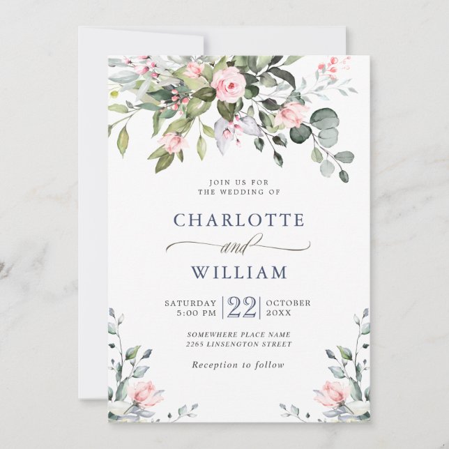 Elegant Eucalyptus Blush Roses Greenery Wedding Invitation (Front)