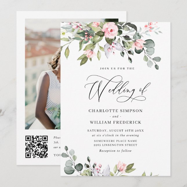 Elegant Eucalyptus Blush Roses QR code Wedding Invitation (Front/Back)