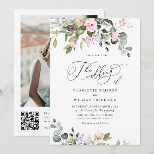 Elegant Eucalyptus Blush Roses QR code Wedding Invitation