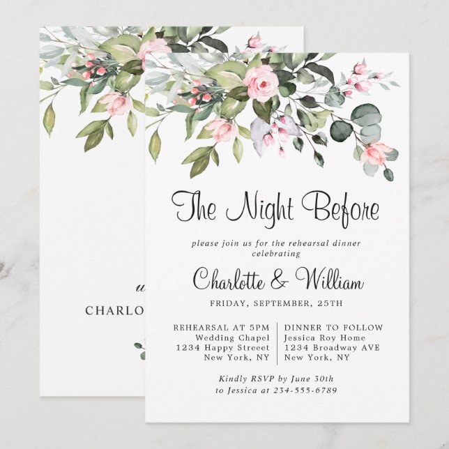 Elegant Eucalyptus Blush Roses REHEARSAL DINNER Invitation (Front/Back)