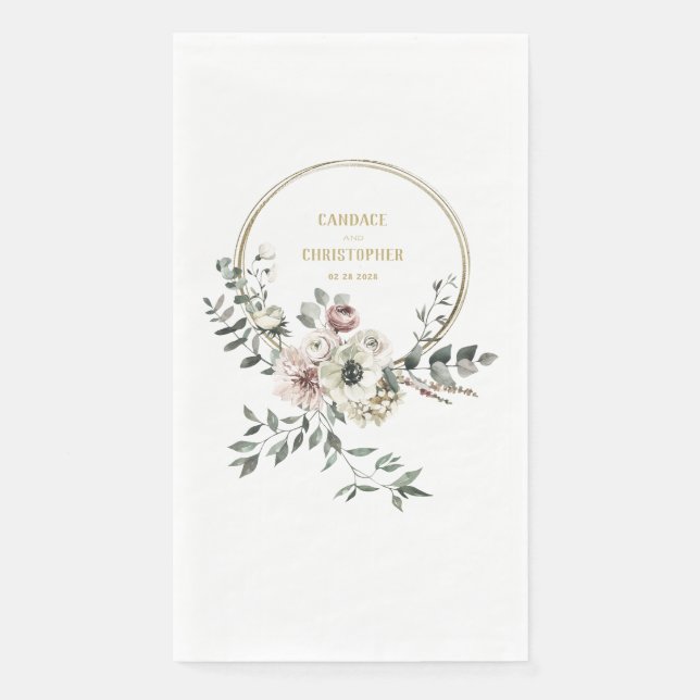 Elegant Eucalyptus Blush White Floral Gold Frame Napkin (Front)
