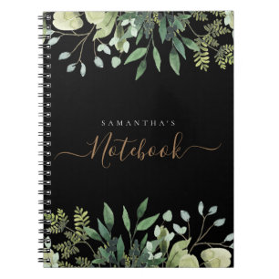 Elegant Eucalyptus Botanical Black Gold Script Notebook