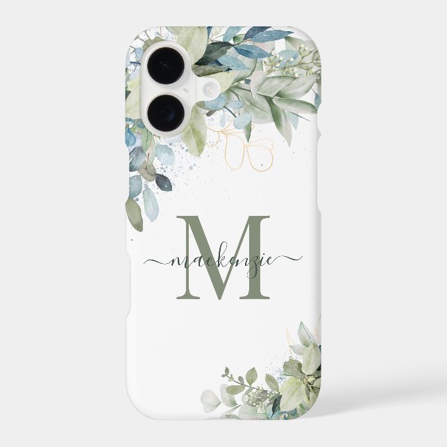 Elegant Eucalyptus Botanical Floral Monogram iPhone Case (Back)