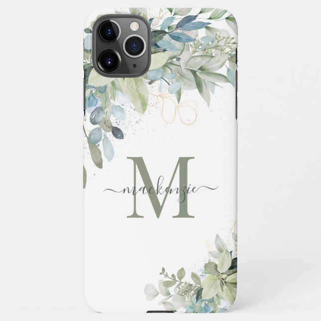 Elegant Eucalyptus Botanical Floral Monogram iPhone Case (Back)