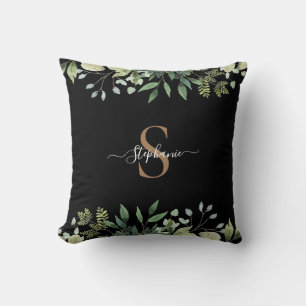 Elegant Eucalyptus Botanical Gold Monogram Script Throw Pillow