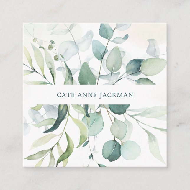 Elegant Eucalyptus Botanical Greenery Modern Square Business Card (Front)