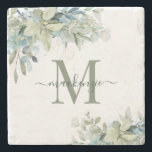 Elegant Eucalyptus Botanical Greenery Monogram Stone Coaster<br><div class="desc">Elegant Eucalyptus Botanical Floral Monogram Marble Coasters featuring our lovely sage eucalyptus green and dusty blue greenery and modern typography. Easy to customize with your information for a simply coaster. Please contact us at cedarandstring@gmail.com if you need assistance with the design or matching products.</div>