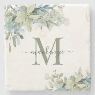Elegant Eucalyptus Botanical Greenery Monogram Stone Coaster