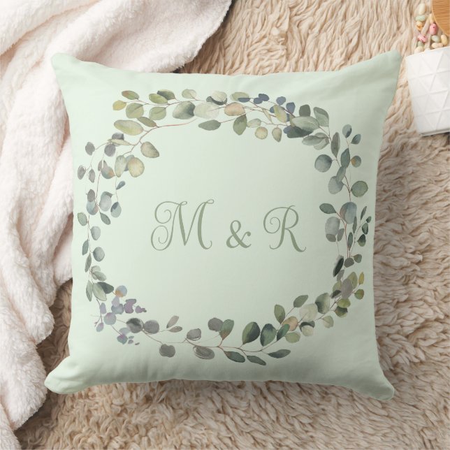 Elegant Eucalyptus Botanical Greenery Monogram Throw Pillow (Blanket)