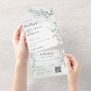 Elegant Eucalyptus Botanical Sage QR Code Wedding All In One Invitation