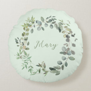 Elegant Eucalyptus Botanical Watercolor Greenery Round Pillow