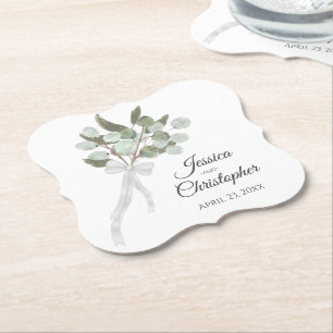 Elegant Eucalyptus Bouquet Boho Watercolor Wedding Paper Coaster