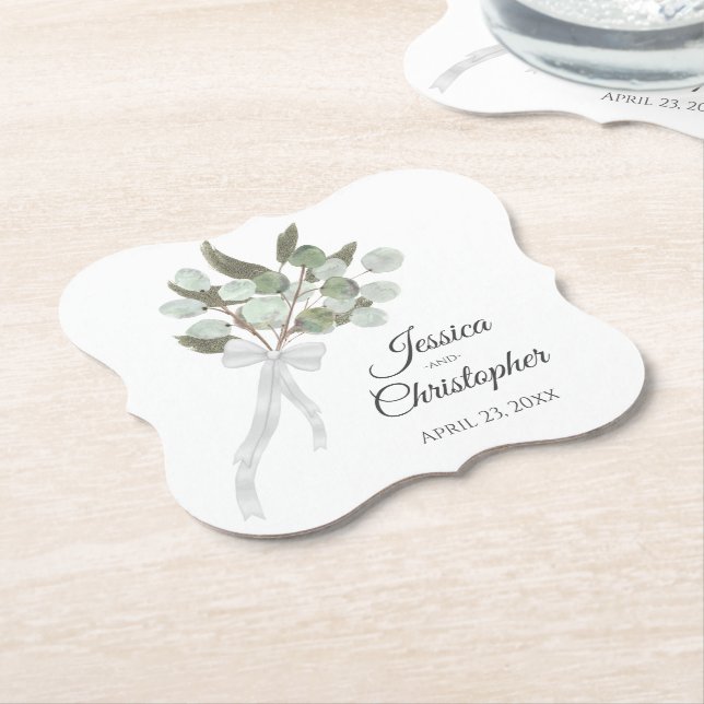 Elegant Eucalyptus Bouquet Boho Watercolor Wedding Paper Coaster (Angled)