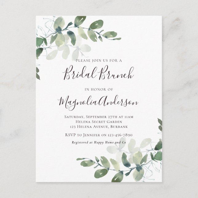Elegant Eucalyptus Bridal Brunch Invitation Postca Postcard (Front)