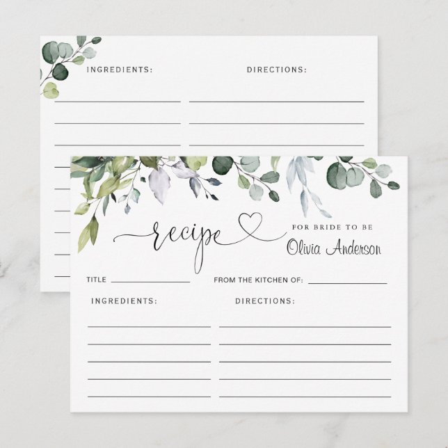 Elegant Eucalyptus Bridal Shower Recipe Card (Front/Back)