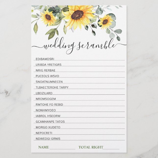 Elegant Eucalyptus Bridal Shower Scramble Game (Front)