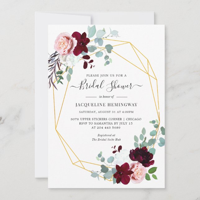 Elegant Eucalyptus Burgundy Floral Bridal Shower Invitation (Front)