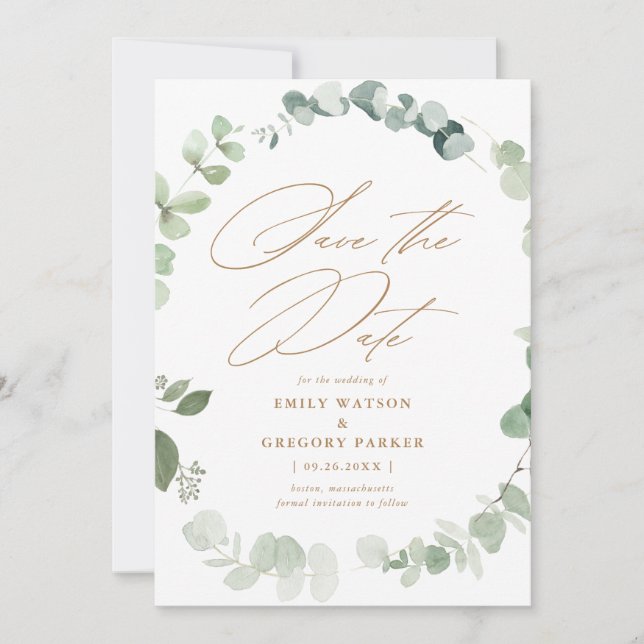 Elegant Eucalyptus Calligraphy Gold Wedding Save The Date (Front)