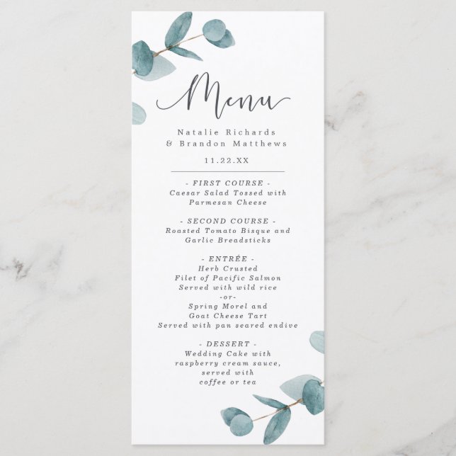 Elegant Eucalyptus & Calligraphy Script Dinner Menu (Front)