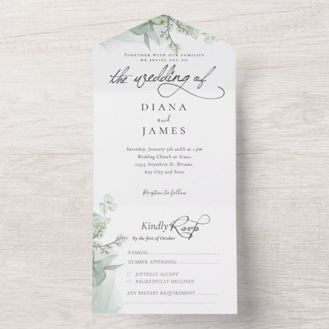 Elegant Eucalyptus Calligraphy Wedding All In One Invitation (Inside)
