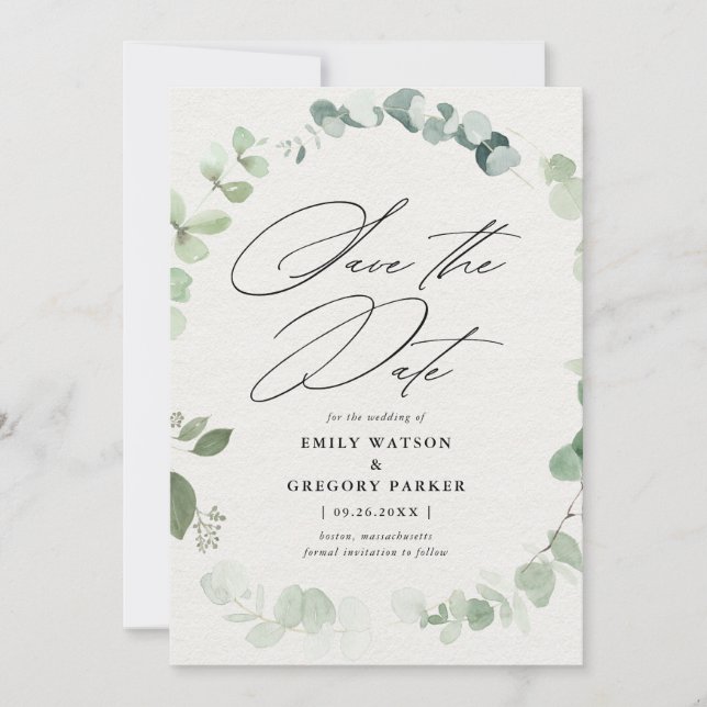 Elegant Eucalyptus Calligraphy Wedding Save The Date (Front)