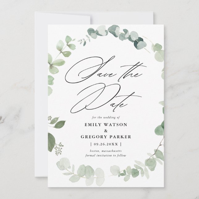 Elegant Eucalyptus Calligraphy Wedding Save The Date (Front)