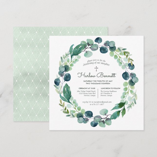 Elégant Eucalyptus Christening Invitation (Devant / Derrière)