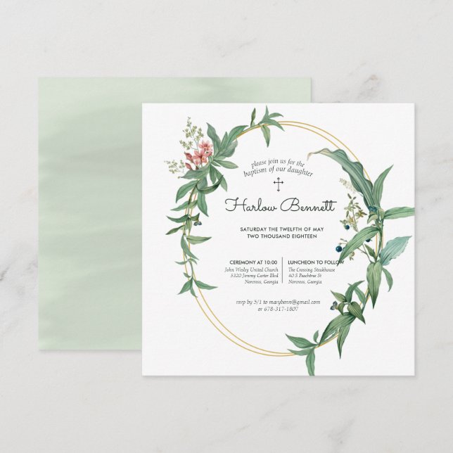 Elegant Eucalyptus Christening or Baptism Invitation (Front/Back)