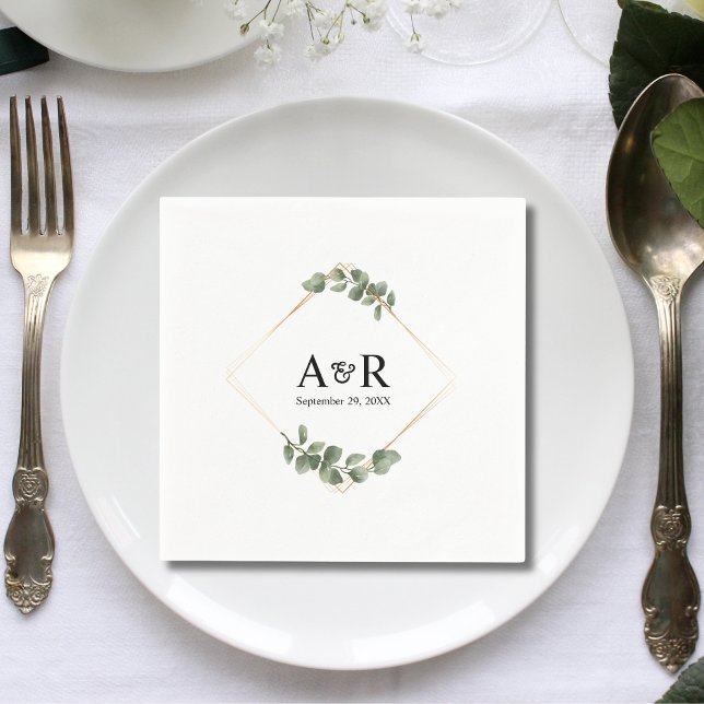Elegant Eucalyptus Couple Initials Wedding Napkin (Elegant eucalyptus couple initials wedding napkins add fresh romantic charm to receptions.)