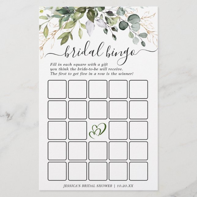 Elegant Eucalyptus Double-Sided Bridal Shower Game (Front)