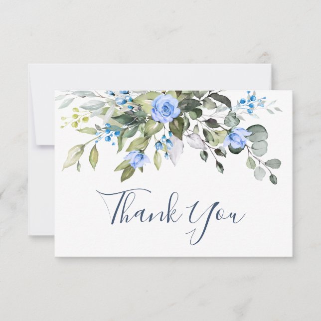 Elegant Eucalyptus Dusty Blue Roses Greenery Boho Thank You Card (Front)