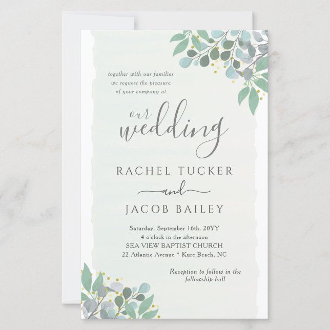 Elegant Eucalyptus Dusty Blue Wedding Invitation (Front)