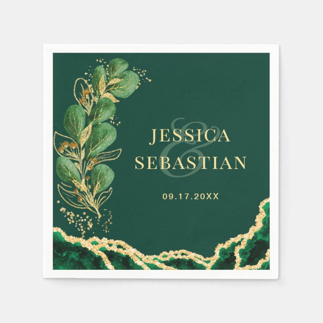 Elegant Eucalyptus Emerald Green and Gold Wedding Napkin (Front)