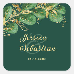 Elegant Eucalyptus Emerald Green and Gold Wedding Square Sticker