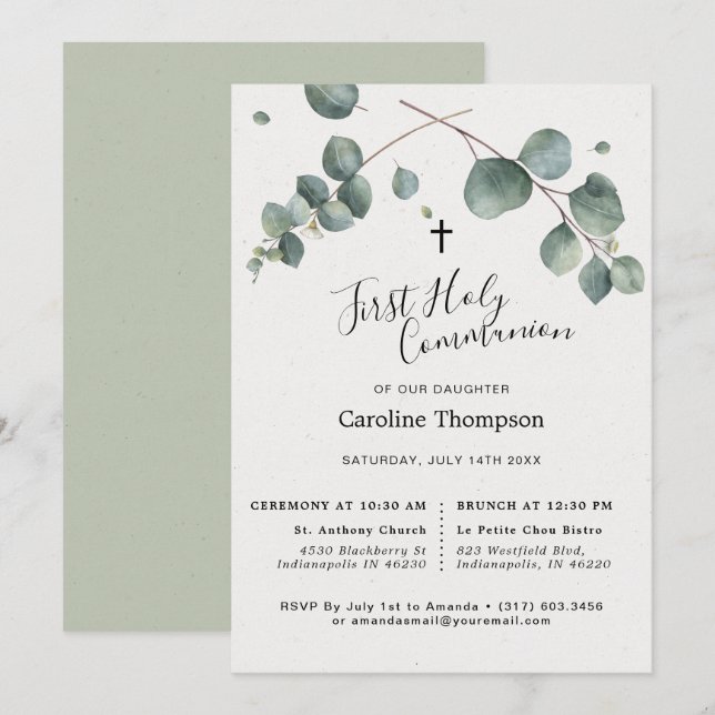 Elegant Eucalyptus First Holy Communion Invitation (Front/Back)