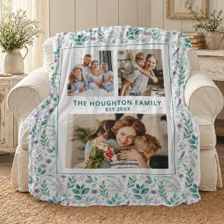 Elegant Eucalyptus Floral Family Photo Collage Fleece Blanket
