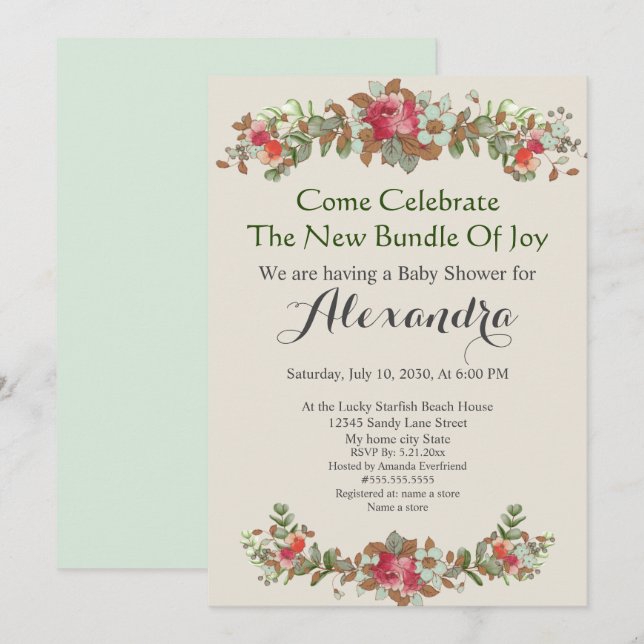 Elegant Eucalyptus Floral Mint Green Baby Shower (Front/Back)