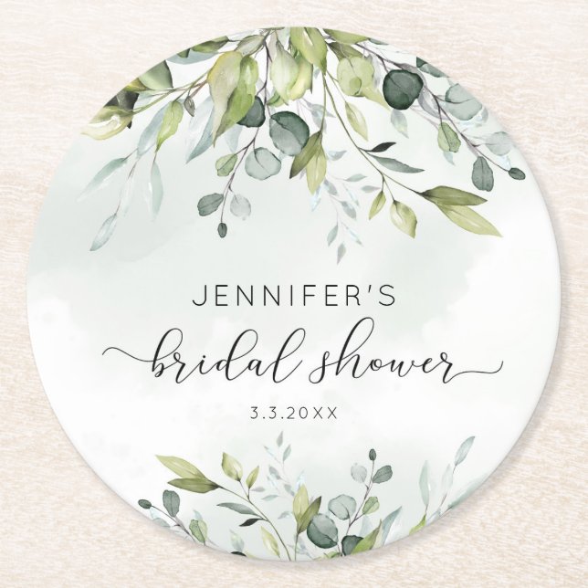 Elegant eucalyptus foliage bridal shower round paper coaster (Front)