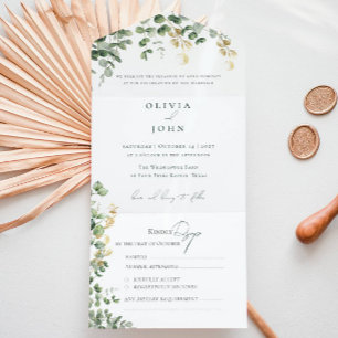 Elegant Eucalyptus Foliage Gold Green Wedding  All In One Invitation