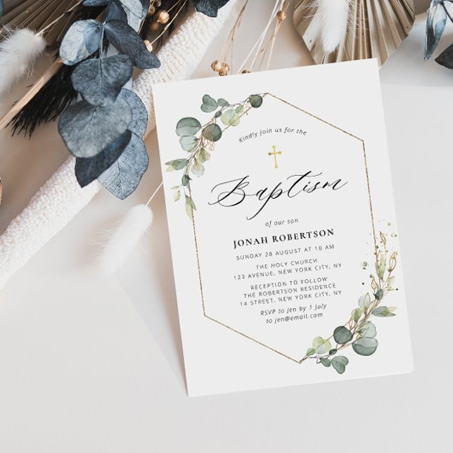 Elegant eucalyptus frame baptism invitation (Creator Uploaded)